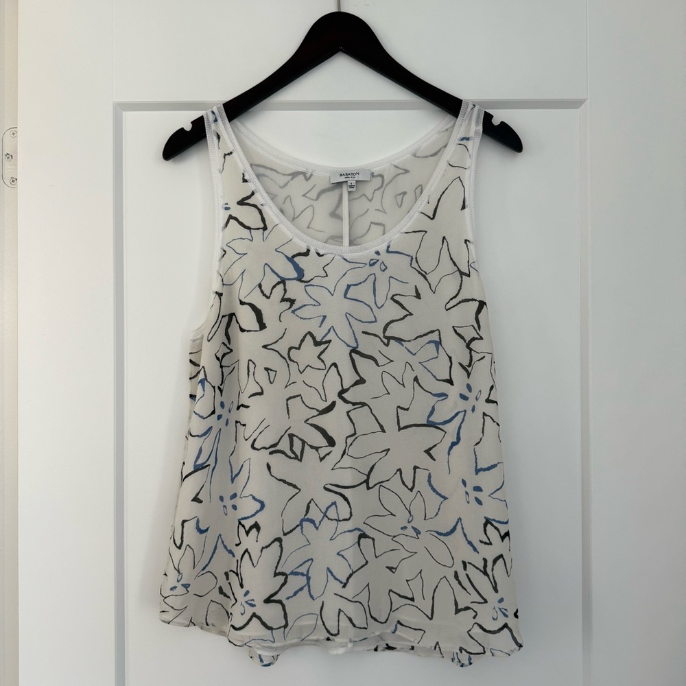 BABATON SILK CAMISOLE BLOUSE IN WHITE, BLUE & BLACK